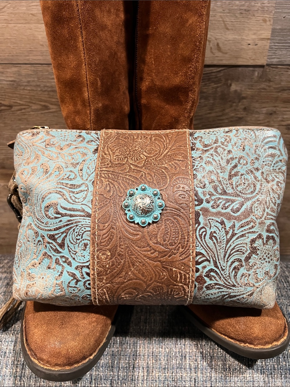 Aqua Wristlet Leather & Hairon Bag by Myra Bags